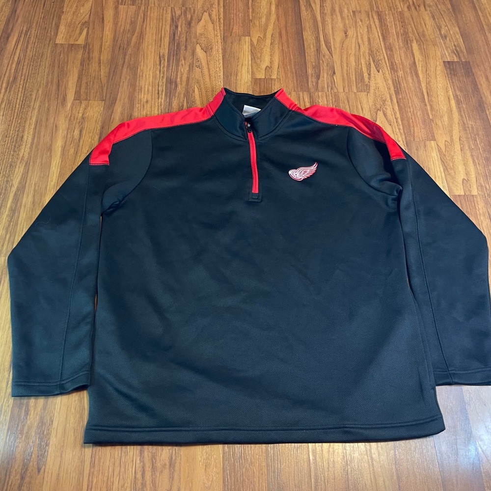 Detroit Red Wings NHL Quarter Zip Pullover Mens Large Black Red Waffle Knit NHL